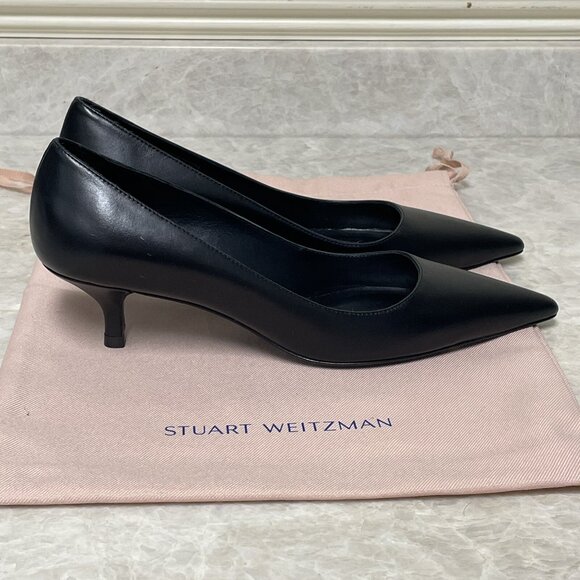 Stuart Weitzman Kitten Heels Pumps 6B Black Smooth Leather Pointed Toe Shoes - Picture 6 of 14